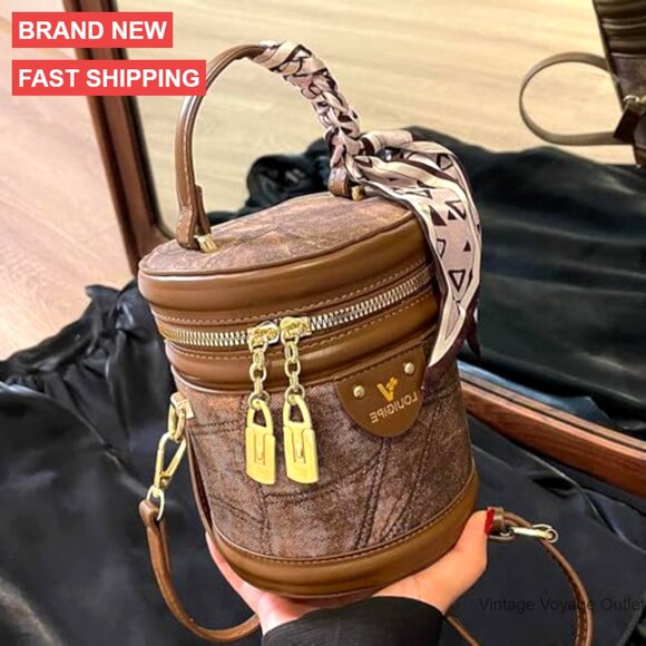 Retro Canvas Bucket Bag Cylinder Purse Shoulder Crossbody Handbag